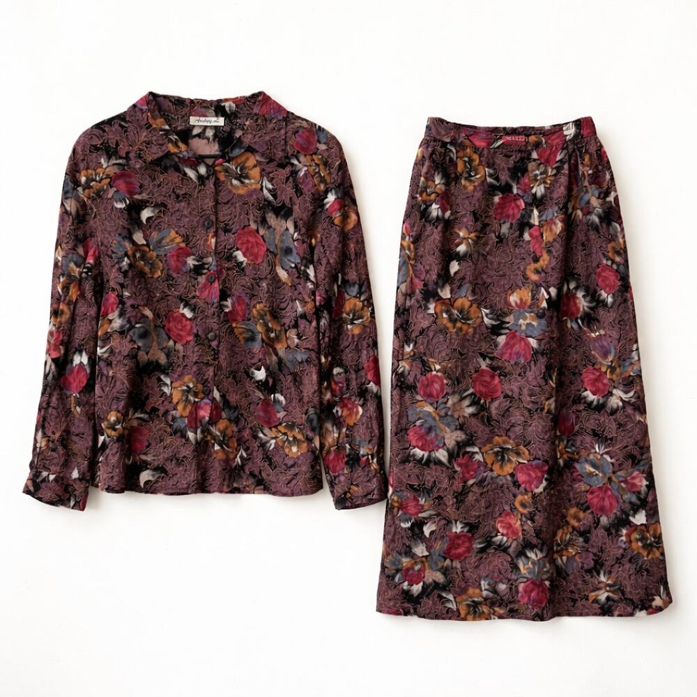VTG Whimsigoth Dark Academia Grannycore Cottagecore Floral Skirt Set Brown‎ XL